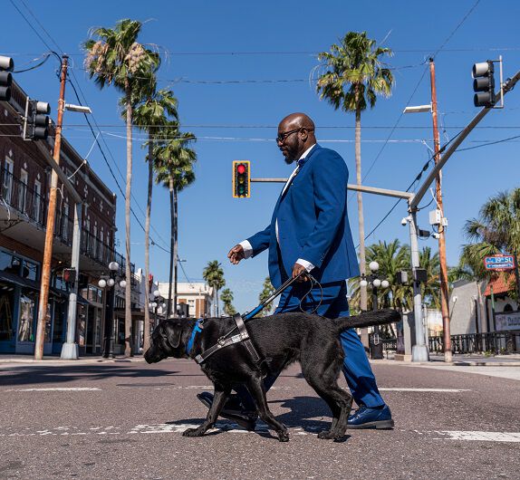 A man in a blue suit walking with a black Labrador guide dog on a city street with palm trees and traffic lights in the background.